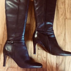 Dark brown knee high brown leather boots